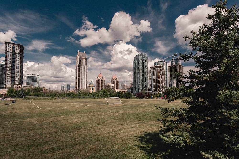 Mississauga soccer field and skyscrapers